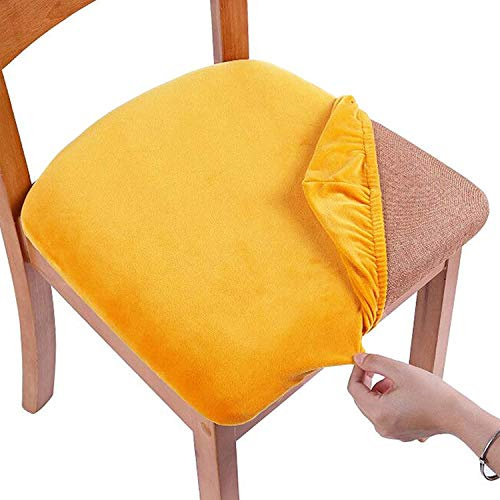 smiry Stretch Chair Seat Covers for Dining Room, Velvet Dining Chair Seat Protectors Chair Slipcovers, Set of 6, Mustard Yellow