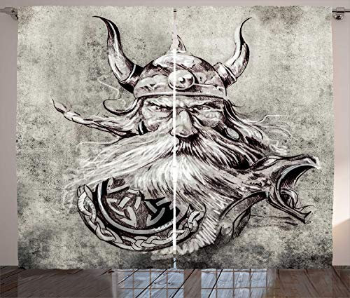 ABAKUHAUS Tätowieren Rustikaler Gardine, Sketchy Viking Krieger, Schlafzimmer Kräuselband Vorhang mit Schlaufen und Haken, 280 x 175 cm, Weiß und Grau