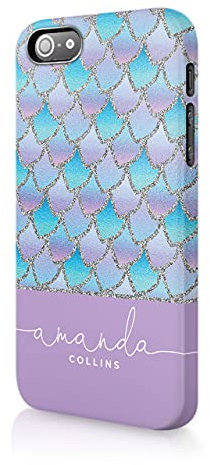Tirita Personalised Initials Custom Hard Phone Case Compatible with iPhone 5 / 5s / SE 2016 PRINTED GLITTER, NOT REAL GLITTER Mermaid Tail Skin Scales Gradient Pink Blue Silver