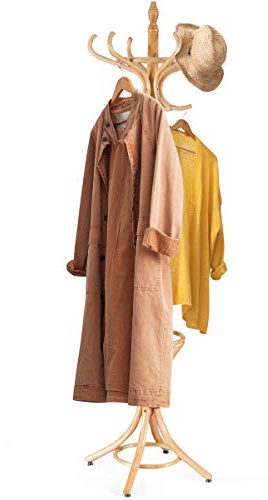 GOPLUS Porte-Manteau sur Pied au Style Industriel, 12 Crochets en Bois Massif, Support Manteau/Parapluie/Chapeau, 51 x 51 x 184CM (Couleur Chêne)