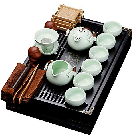 fanquare Chinesisches Keramik Kung Fu Tee Set mit Teetablett und Kleine Teewerkzeuge, Porzellan Tee service, Hellgrün