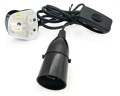 TWDRTDD B22 Bayonet Lamp Holder with Cord Switch,Phenolic BS UK Power Cord with 3 pin Fused Plug and 1.5m Wire (Black, with Switch)
