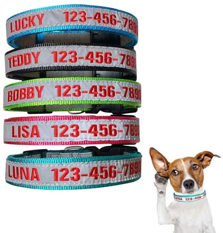 Collier de Chien réfléchissant personnalisé, nom du Chien brodé sur Mesure et numéro de téléphone avec 3 Tailles réglables: S-M-L, pour Chiens garçons et Filles Grand Chien de Taille Moyenne