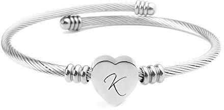 ShopINess Damen Armband mit Buchstabe A-Z Herz Armband Silber aus Edelstahl, Offenes Verstellbares Armband, Personalisierter Schmuck Geschenk für Mama Tochter Freundin oder Partnerin (K)