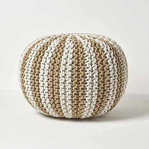 Homescapes Pouf, leinen-weiß gestreifter Strickpouf, großes Bodenkissen 40 x 50 cm, dekorativer Fußhocker mit grob gestricktem Bezug aus 100% Baumwolle, Strickpuff/Strickhocker