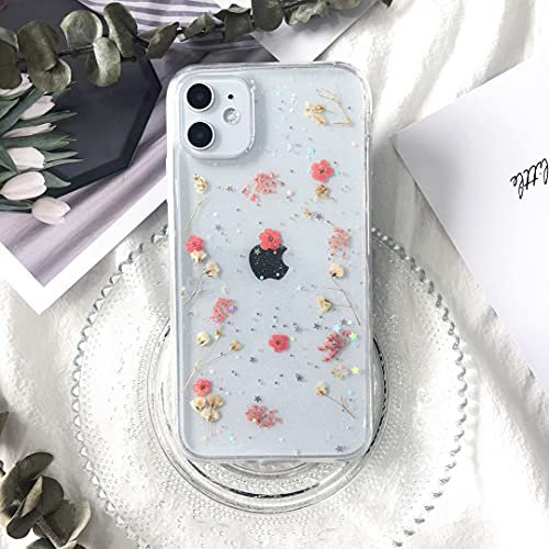 Tybiky iPhone SE 2020/7/8 Case Real Flowers Mobile Phone Case Transparent Rubber Crystal Protective Case Handmade Colourful Dried Flower Art Case Cover for Apple iPhone 8 Small Pink Flower