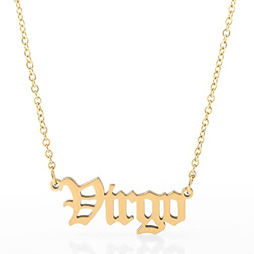 Minegreet Old English Zodiac Necklace for Women, Horoscope Birth Star Sign Letter Astrology Constellation Necklace Birthday Gift (Virgo-Gold)