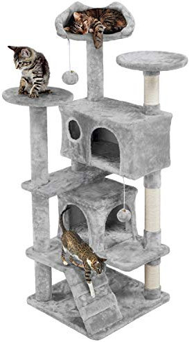 costoffs 137cm Cat Tree Climbing Cat Tower Cat Activity Tree with 2 Cat Condo and Sisal Scratching Posts, Light Grey