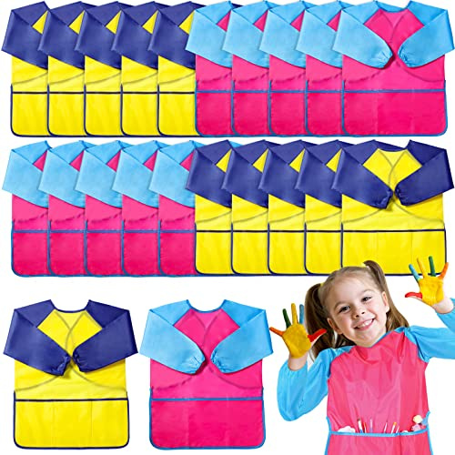 Janmercy 24 Pcs Waterproof Kid Art Smocks with 3 Pocket Bulk Long Sleeve Painting Aprons for Toddlers and Kid Age 2-7 Children Artist Smock for School Craft Baking and Painting Activities(Colorful)