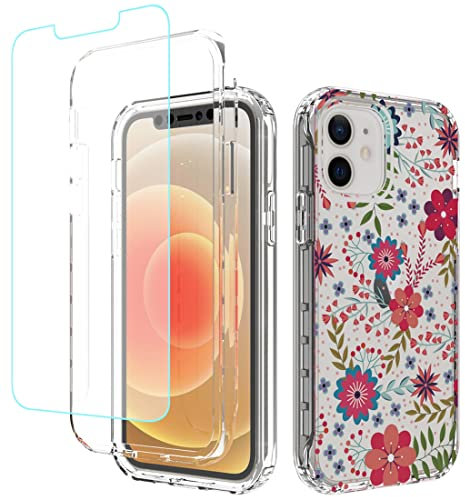 Sidande Case for iPhone 11 Case with Tempered Glass Screen Protector, Full Body Clear Floral TPU Slim Phone Protective Armor Cover for Apple iPhone 11 6.1 (Floral Prints)