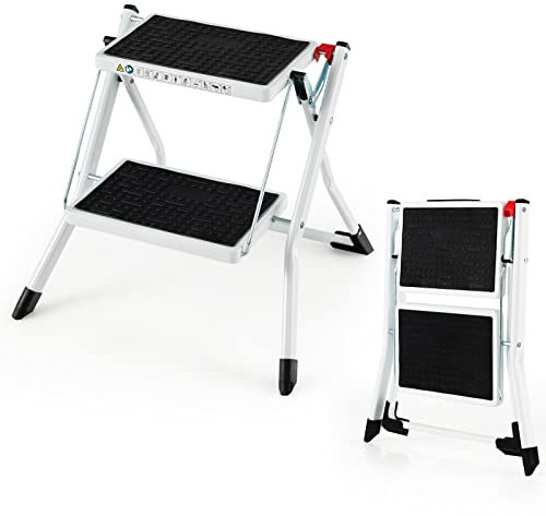 COSTWAY Escalera de 2 Peldaños, Taburete Plegable de Metal Resistente, Pedal Antideslizante & Almohadillas Grandes para los Pies, Escalera Portátil & Ligera con Capacidad para 150 kg