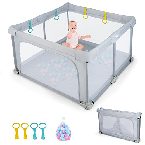 DREAMADE Laufstall Baby, 126 x 126 cm Laufgitter Klappbar mit 50 Spielbällen & 4 Zugringen, Schutzgitter mit Atmungsaktivem Netz & Reißverschluss (Hellgrau)