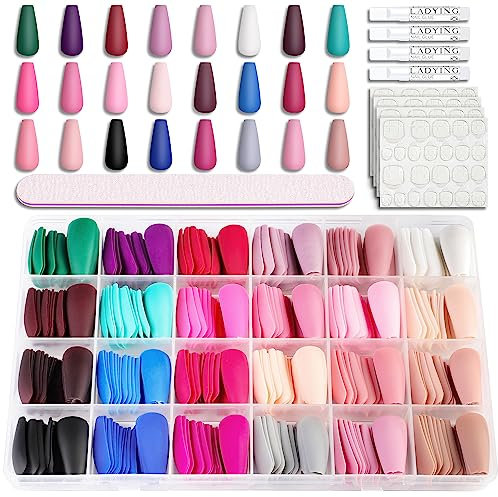 LADYING 24 Packs (576 PCS) Matt Sarg Nägel Zum Aufkleben Lang,Ballerina Full Cover Press on Nails Kit,Kunstnägel Fake Nails mit Nagelfeile,Coffin Fingernägel Künstliche Nägel für Frauen