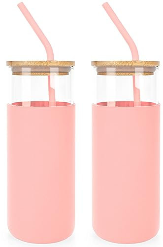 ANOTION Tumbler avec paille et couvercle, bouteille d'eau en verre avec coque en silicone et couvercle en bambou – 450 ml, rose