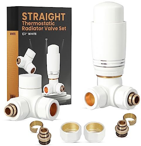Thermostat Ventil-Armaturen Axialform 1/2 Set Weiß Heizkörper Thermostatkopf Heizungsventil Heizkörperventil Thermostat-Komplett-Set Design Anschlussgarnitur Heizungszubehör