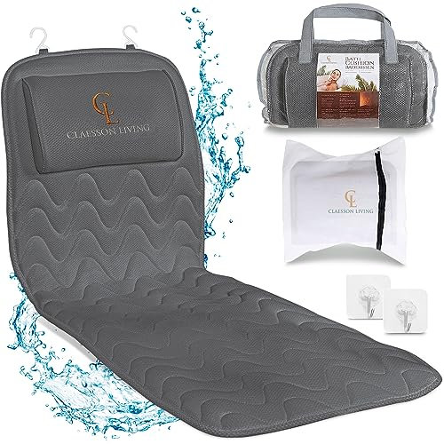 Badewannenkissen Ganzkörper Badekissen (125x43cm) - Badewannenmatte mit Kopfstütze unterstützt Nacken, Rücken und Beine - Mit Wasch- und Reisebeutel und Hängehaken für schnelles Trocknen - Grau