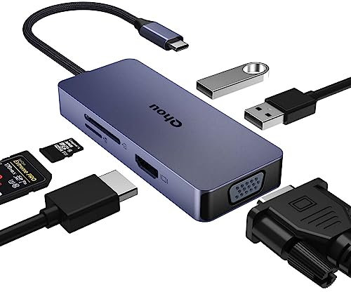 Qhou Hub USB C 6 en 1 avec 4 K HDMI, VGA, 2 Ports USB 2.0, Lecteur de Carte SD/TF, Adaptateur USB C pour MacBook Pro/Air, Dell, HP, Surface Pro