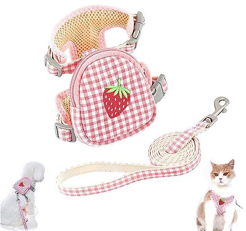 Hundegeschirr Kleine Hunde Antizuggeschirr Brustgeschirr Erdbeermuster Welpengeschirr Verstellbares Ausbruchsicher Atmungsaktiv Sicherheitsgeschirr Katzengeschirr für Pomeranian, Katzen (S, Rosa)