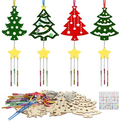 WEDNOK 12Pcs Bricolage Carillon Arbre Noël Ajouré en Bois Carillons Arbre Noël Décorations Suspendues d'hiver pour Enfants Noël Décoration Jeux Party Jardin Maison Anniversaire Cadeau pour 3-12ans