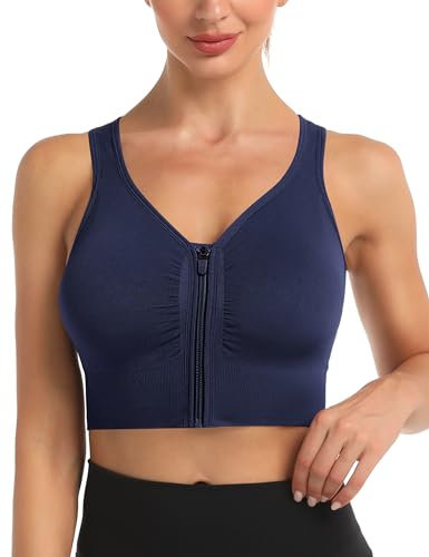 Migcaput Damen Sport BH Reißverschluss Vorne, Sportbh Damen Gepolstert Push Up BHS Starker Halt Sports Bra Top Damen-BHS Ohne Bügel für Gym Fitness Yoga Running Marineblau S
