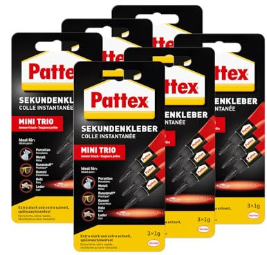 Pattex Sekundenkleber Flüssig Mini Trio, spülmaschinenfester Superkleber in 3 praktischen Tuben, schnelltrocknender farbloser Flüssigkleber, 6x 3x1g, mehrfarbig