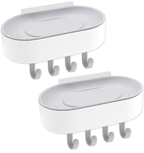 GYSRXS 2 Pièces Porte Savon Adhésif Porte Savon en Plastique Mural Soap Dish Holder avec 8 Crochet et 2 Autocollant Convient pour Salle de Bain,Douche,Cuisine(Gris)