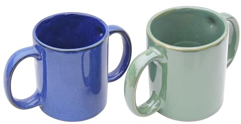 ANCIENTIMPEX Lot de 2 tasses à double poignée de qualité supérieure pour une prise en main sûre, passent au micro-ondes, 350 ml – Bleu et vert élégant