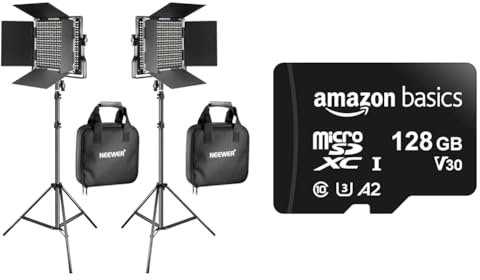 NEEWER 660 LED Videolicht Panel 2 Set mit Stativ: (2) Bi Farbe CRI96+ LED Videoleuchte Fotolicht mit Barndoor & Amazon Basics MicroSDXC-Speicherkarte