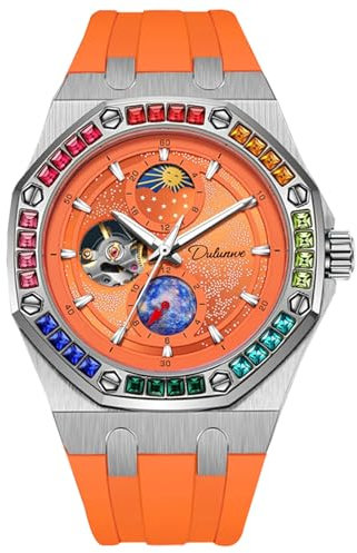 FORSINING Herren-Armbanduhr, Sternenhimmel, leuchtendes Design, mechanische Uhren, automatisches Handaufzug, Mondphase, Farbe, Diamant-Zifferblatt, wasserdicht, Orange, Armband