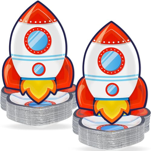 50 PCS Rocket Ship Paper Plates for Kids Outer Space Birthday Party Supplies Solar System Themed Party Dessert Plates Disposable Starry Night Baby Shower Party Galaxy Birthday Themed Decoration