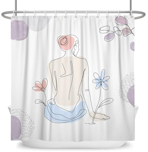 ASDCXZ Boho Duschvorhang 180x200 cm, Modern Abstrakt Sexy Mädchen Zurück Blumen Lila Blätter Waschbar Duschvorhänge Polyester Textil Wasserdicht Anti-Schimmel Duschvorhang für Badewanne mit 12 Haken