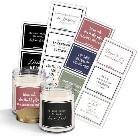 Papierdrachen 12 lustige Kerzenglas-Sticker mit witzigen Sprüchen – DIY Dekoration – 5 x 6 cm – Set 01