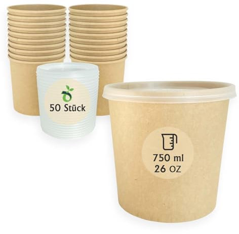 ECOPICNIC Lot de 50 gobelets à Soupe jetables de 750 ML avec Couvercle en PP, gobelets Alimentaires Marron avec revêtement en polyéthylène, Bol à Soupe avec Couvercle
