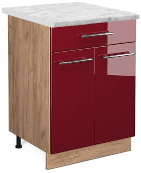 Vicco Küchenunterschrank Fame-Line, Bordeaux Hochglanz/Goldkraft Eiche, 60 cm mit Schublade, AP Marmor