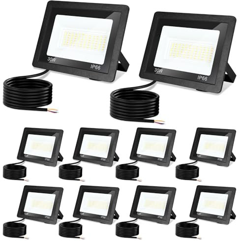 Jiubiaz LED Strahler Außen 30W, 3000K/4000K/6500K Dimmbar, Superhell Fluter Flutlichtstrahler, IP66 Wasserdicht Scheinwerfer Aussenstrahler für Hof, Garten, Garage (10 Stück)