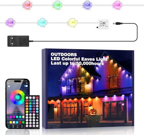 KISUFU Outdoor LED Strip Lights, Smart RGBCCT 60 LEDs/m Eaves Lights, IP67 Waterproof 5-in-1 LED Full-Color Smart Outdoor Lights With 44 key Bluetooth music controller for Outdoor Eave Decor.30M