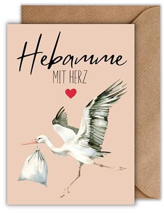 WBdesignz Dankeskarte für Hebamme mit Herz mit Umschlag – liebevolles Design mit Storch Illustration - Geschenk zur Geburt für Wochenbett, Babyzeit, Betreuung, Dankeschön (DIN A6)