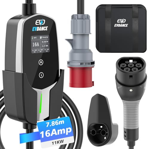 EVDANCE Mobile Wallbox 11kW [7.8m 3-Phasig 6-16A] Typ 2 Ladekabel CEE 16A auf Typ 2 mit Einstellbarer Ladeleistung für Elektroauto, Silber