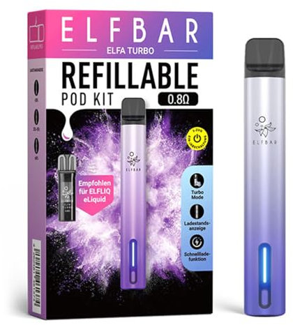 Elfbar Elfa Turbo Pod Kit, Pod Akkuträger 550 mAh, 0.8 Ω nachfüllbarer Pod (Selbstbefüllbarer, austauschbar, Refillable) USB-C Schnellladung, MTL, 2 Leistungsmodi - Ohne Nikotin & Liquid, Purple