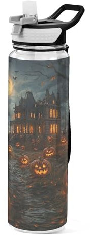 Sevdomey Bouteille d'eau avec citrouilles d'Halloween avec couvercle à paille transparente et étanche pour sport de plein air, fitness, entraînement, voyage, 950 ml
