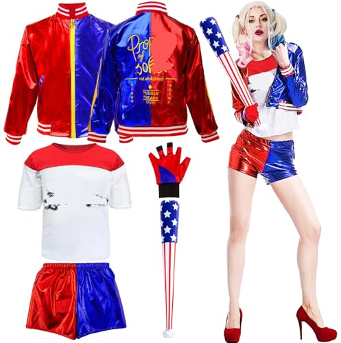 Amazluck Halloween Kostüm Damen, Cosplay Kostüm Sexy für Erwachsene Bösewicht Cosplay Mit Jacke T-Shirt Shorts Handschuh Aufblasbarer Baseballschläger Joker für Karneval Halloween Damen Karneval