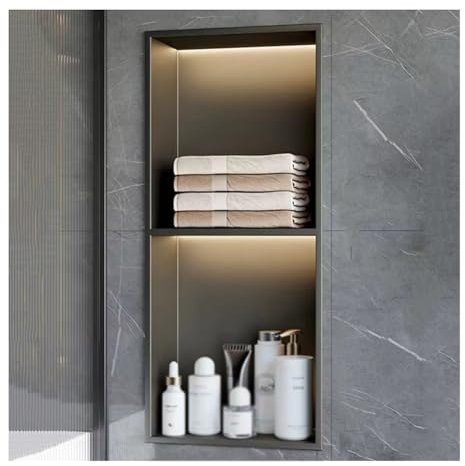 GLFNB Nicchia da Parete per Doccia in Acciaio Inox con Luce LED, Nessuna Piastrella Necessaria per Bagno e Cucina (Grigio, 70x28x12,5 c)