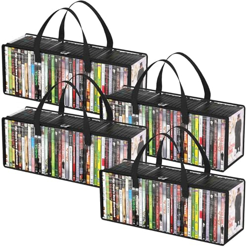 Lifewit Borse Porta DVD, Organizzatore Trasparente in PVC per Custodie Blu-ray e Film, Contenitore per Media e Videocassette VHS con Manici, Capacità 140 DVD (35 per Borsa), 4 Pezzi