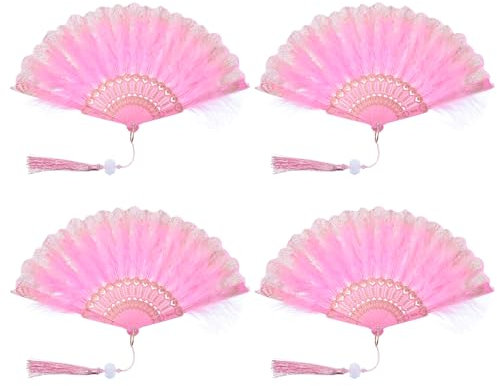 PATIKIL Embroidered Flower Marabou Feather Fan, 4 Pack 1920s Vintage Folding Handheld Fan Chinese Flapper Hand Fan for Costume Party Dancing Wedding Show Tea Decoration, Pink