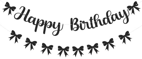 Schwarze Schleife, Geburtstagsdekoration, Happy Birthday-Banner, Schwarze Schleife, Wimpelgirlande, Glitzer, Foto-Requisiten, Satinband, hängende Wirbel, Partydeko für Junggesellinnenabschied