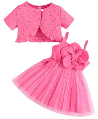 LUVCES Vestito Bambina tutù e Cardigan 2 Pezzi Set Floreale Senza Maniche con Papillon Tulle Abito Vestiti + Cardigan Abbigliamento Estivo per Festa di Compleanno Manica Corta Rosa Rossa 9-12 Mesi