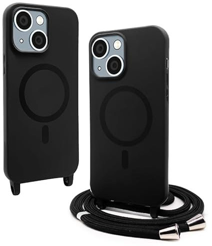 VAVAVOOMY Handykette Hülle für iPhone 13 Mini(5.4) mit Band Halsband Lanyard (abnehmbar) Handyhülle, Verstellbarer Lanyard.Magnetisch Stoßfest Silikonhülle Wireless Charging kompatibel .-Schwarz