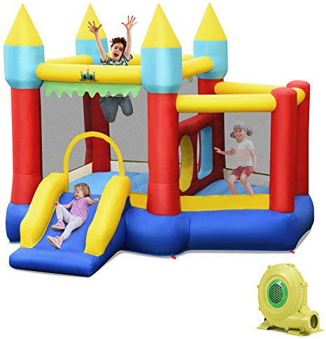 COSTWAY Hüpfburg mit Gebläse, Rutsche, Sprungbereich, Basketballkorb und 100 Bälle, für Indoor und Outdoor, inkl. Tragetasche, Reparaturset, 301 x 313 x 245 cm