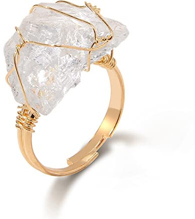 GOOZHI Ringe, Unregelmäßige Rohsteinringe, drahtumwickelte natürliche Quarzkristallringe for Frauen und Männer, Paar-Fingerring, größenveränderbarer Hochzeitsschmuck, Aquamarine(Clear Quartz)