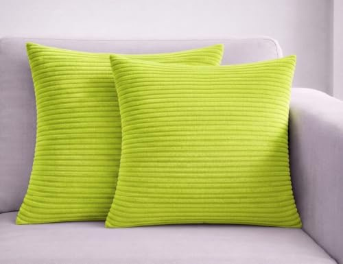 Seechoo Set di 2 federe per cuscino in velluto a coste, 40 x 40 cm, tinta unita, morbide, a righe, colori assortiti (verde lime)